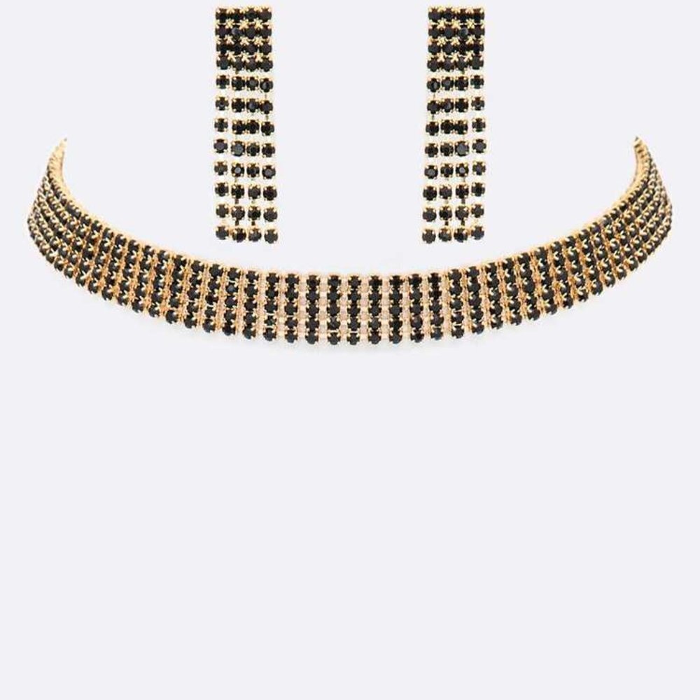 5 Row Color Crystal Rhinestone Choker Set - Black